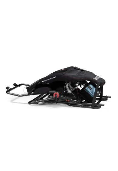 Next Level Racing Formula Lite Pro w pozycji złożonej wraz z dodatkowymi akcesoriami