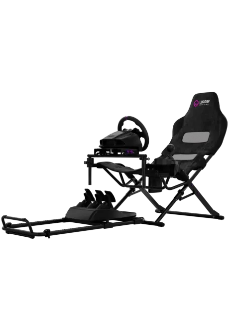 Kokpit LORGAR Flex RAF1 Czarny z przykładowym sprzętem simracingowym w pozycji rozłożonej widok od lewej z przodu