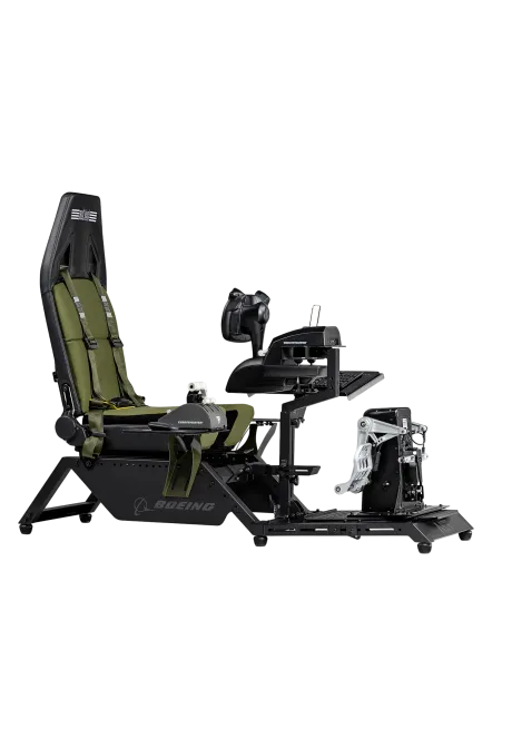 Next Level Racing Kokpit Boeing Flight Simulator Military widok od przodu z lewej z przykładowym układem hotas